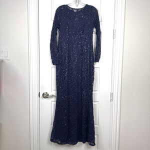 MARINA Sequin Long Sleeve Lace Gown Size S Navy Blue